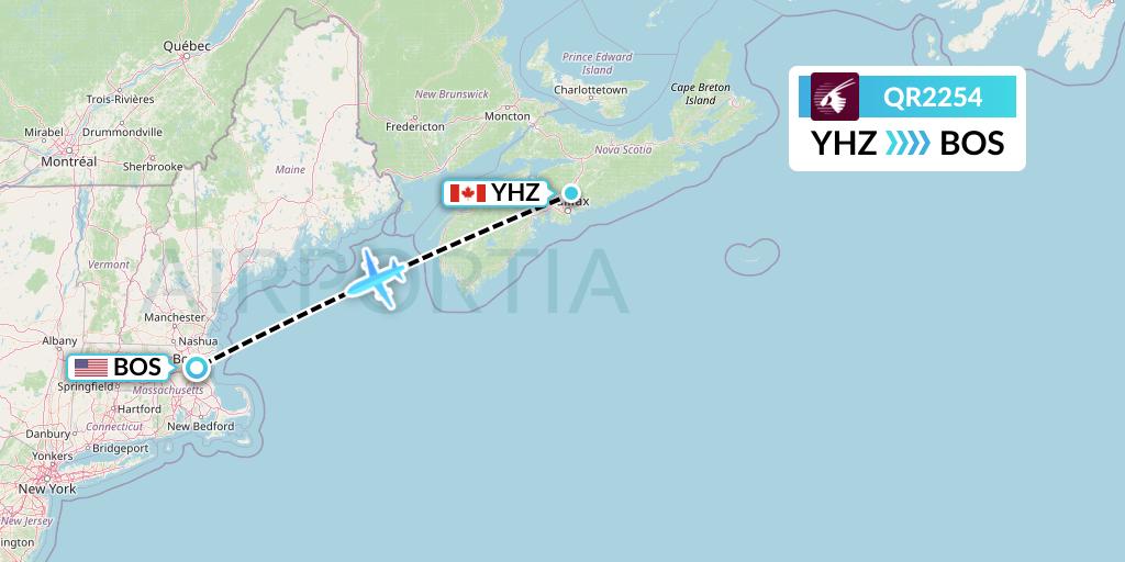 QR2254 Qatar Airways Flight Map: Halifax to Boston