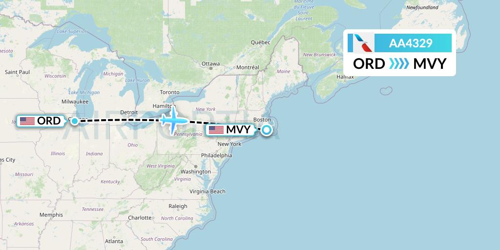 AA4329 American Airlines Flight Map: Chicago to Martha's Vineyard
