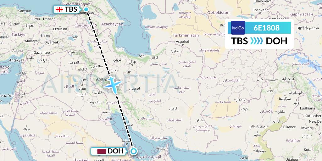 6E1808 IndiGo Airlines Flight Map: Tbilisi to Doha