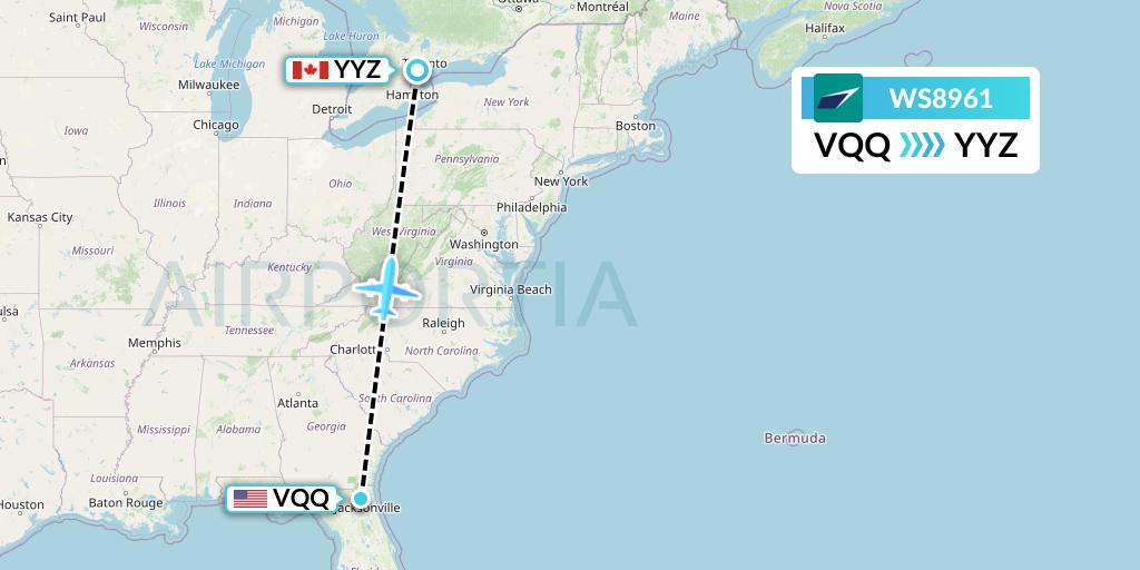 WS8961 WestJet Flight Map: Jacksonville to Toronto
