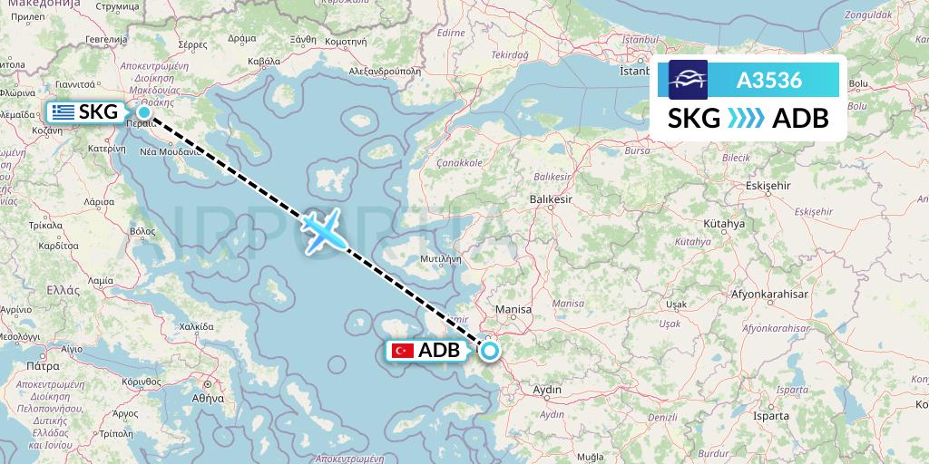 A3536 Aegean Airlines Flight Map: Thessaloniki to Izmir