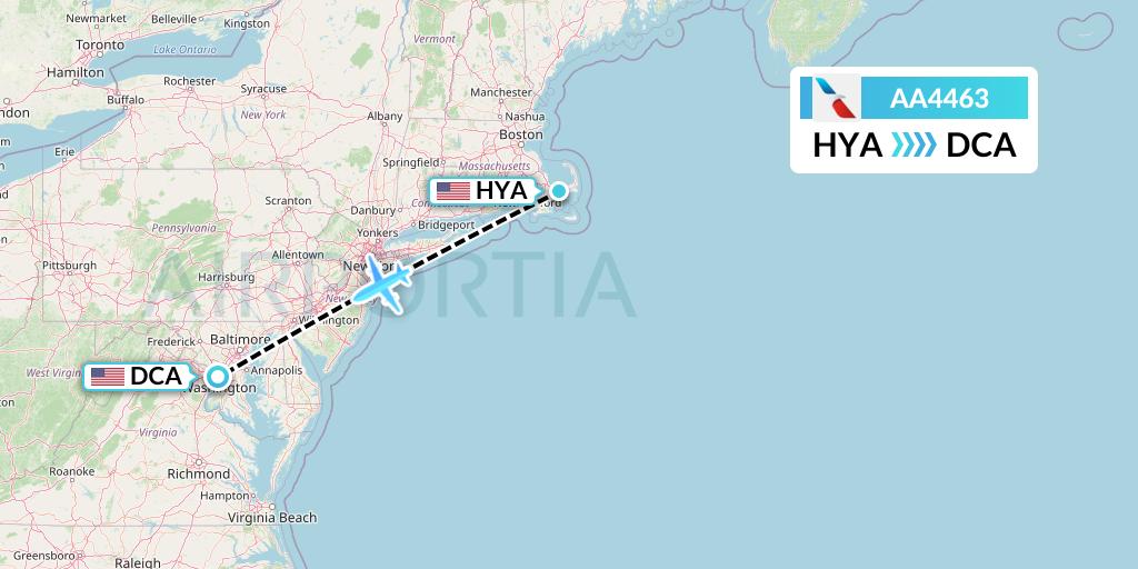 AA4463 American Airlines Flight Map: Hyannis to Washington