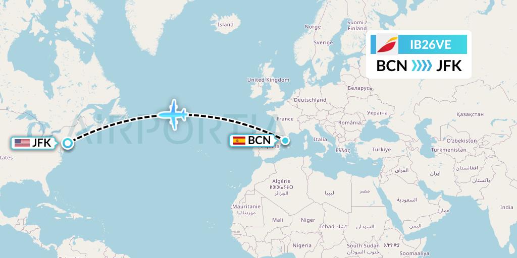 IB26VE Iberia Flight Map: Barcelona to New York