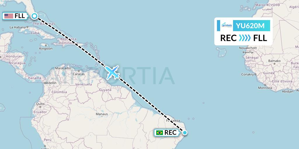 YU620M EuroAtlantic Airways Flight Map: Recife to Fort Lauderdale