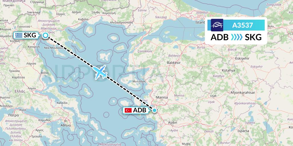 A3537 Aegean Airlines Flight Map: Izmir to Thessaloniki