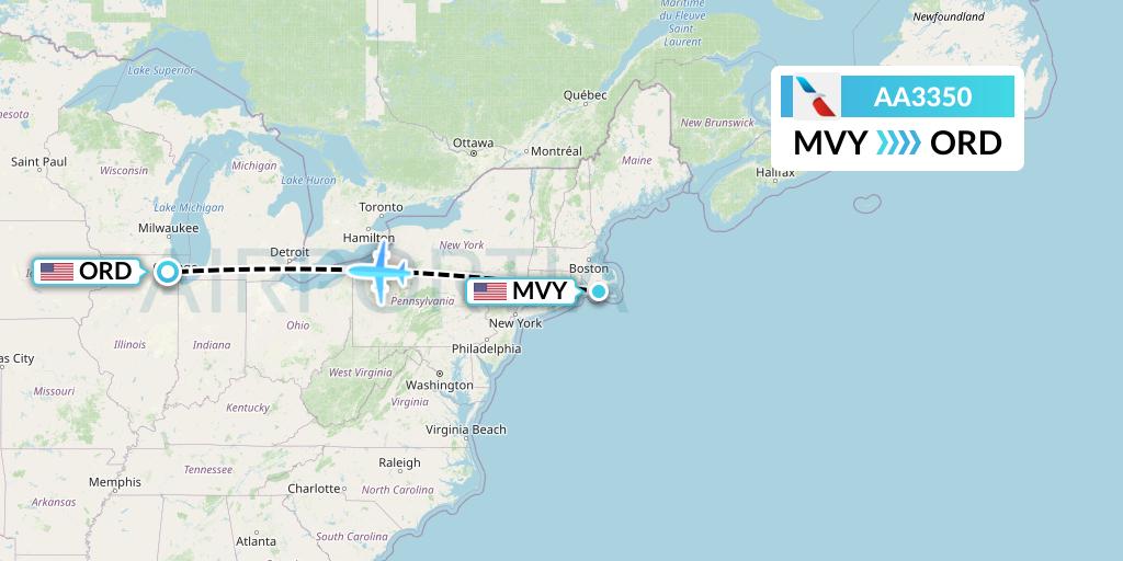 AA3350 American Airlines Flight Map: Martha's Vineyard to Chicago