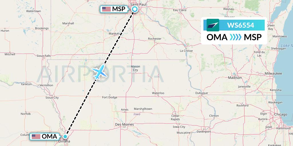 WS6554 WestJet Flight Map: Omaha to Minneapolis