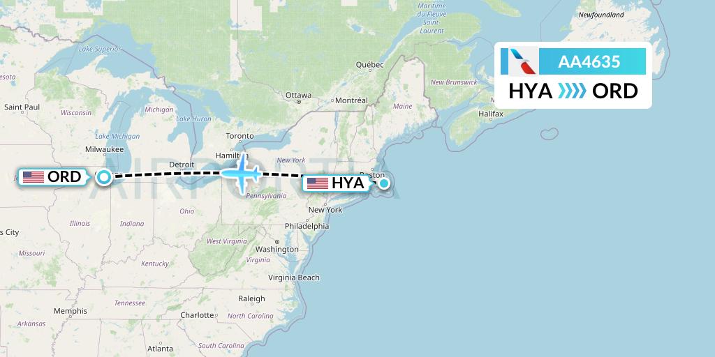 AA4635 American Airlines Flight Map: Hyannis to Chicago