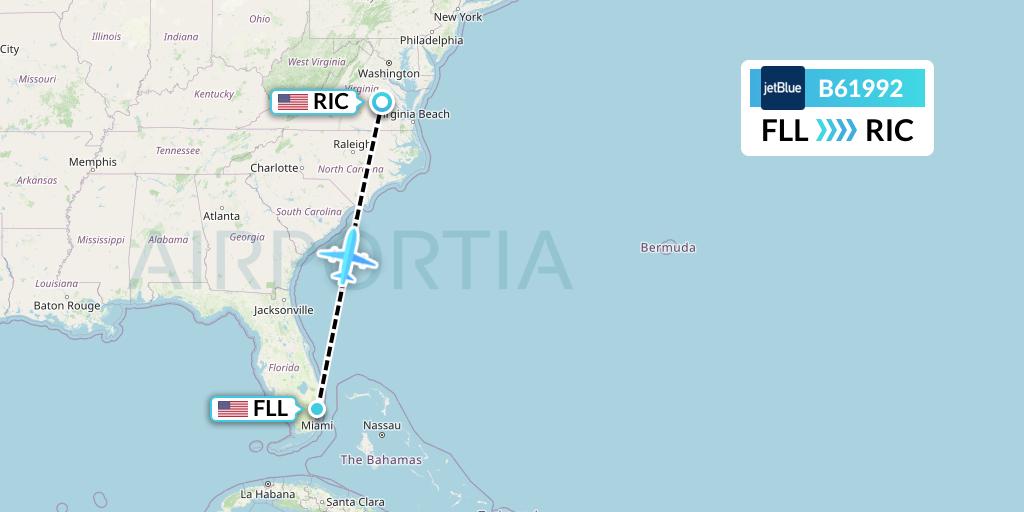 B61992 JetBlue Airways Flight Map: Fort Lauderdale to Richmond