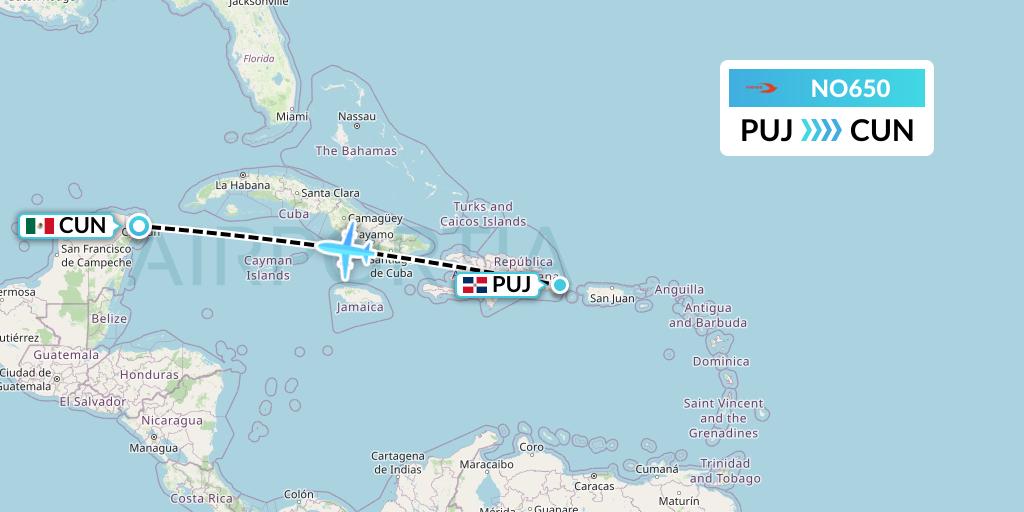 NO650 Neos Flight Map: Punta Cana to Cancun