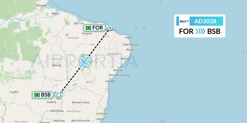 AD3028 Azul Brazilian Airlines Flight Map: Fortaleza to Brasilia