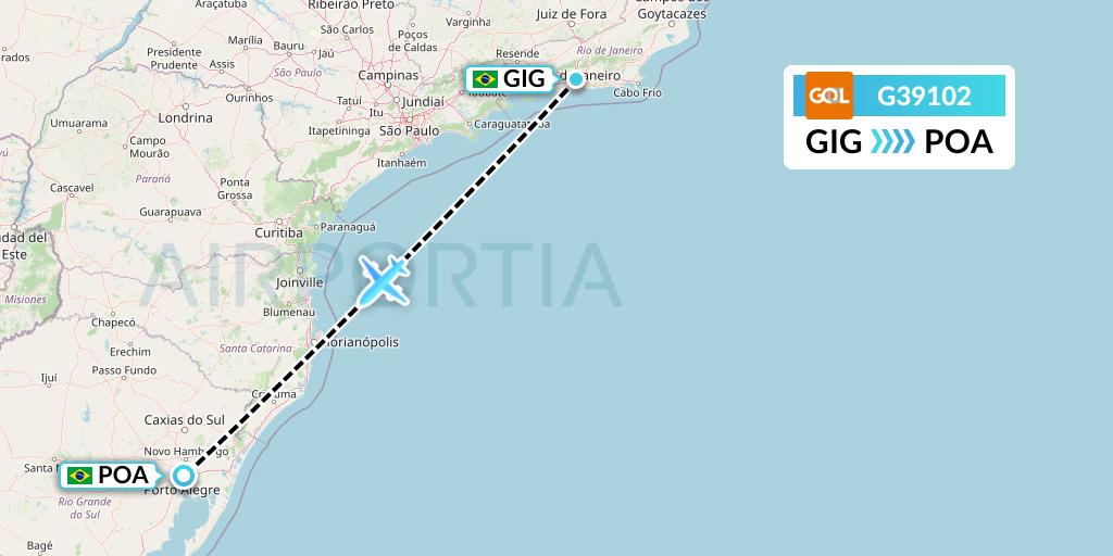 G39102 GOL Transportes Aeros Flight Map: Rio de Janeiro to Porto Alegre