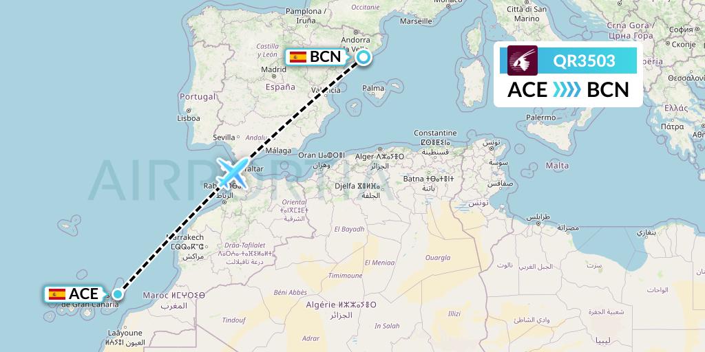 QR3503 Qatar Airways Flight Map: Lanzarote to Barcelona