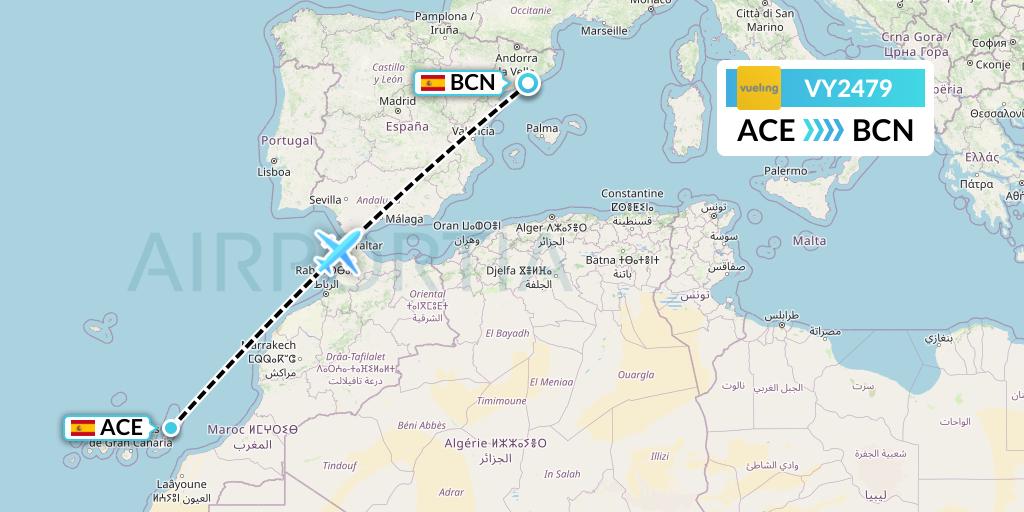 VY2479 Vueling Flight Map: Lanzarote to Barcelona