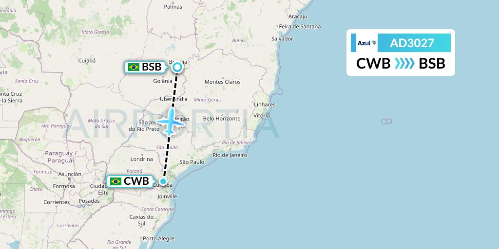 AD3027 Azul Brazilian Airlines Flight Map: Curitiba to Brasilia