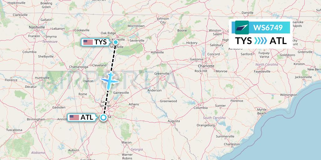 WS6749 WestJet Flight Map: Knoxville to Atlanta