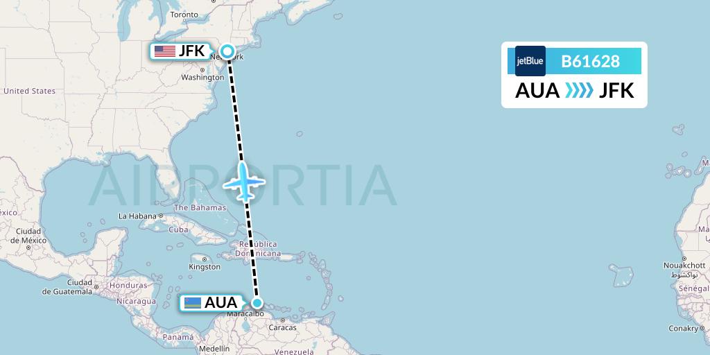 B61628 JetBlue Airways Flight Map: Oranjestad to New York