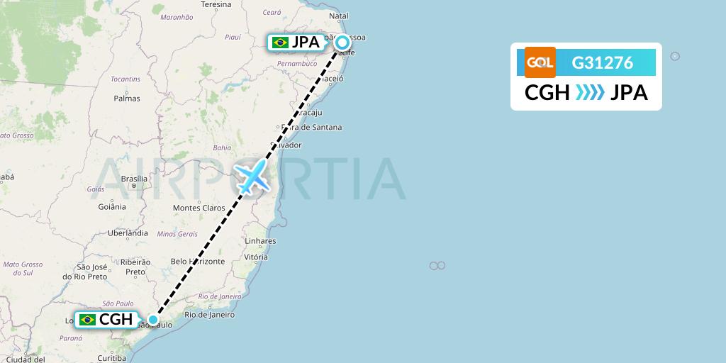 G31276 GOL Transportes Aeros Flight Map: Sao Paulo to Joao Pessoa