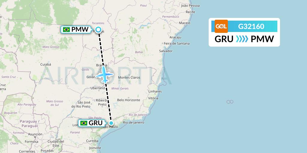 G32160 GOL Transportes Aeros Flight Map: Sao Paulo to Palmas