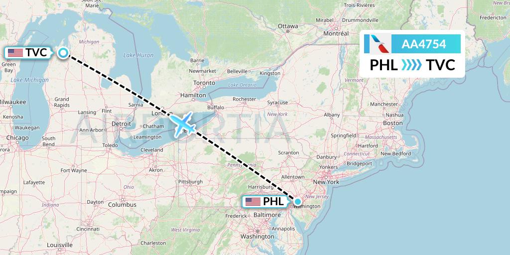 AA4754 American Airlines Flight Map: Philadelphia to Traverse City
