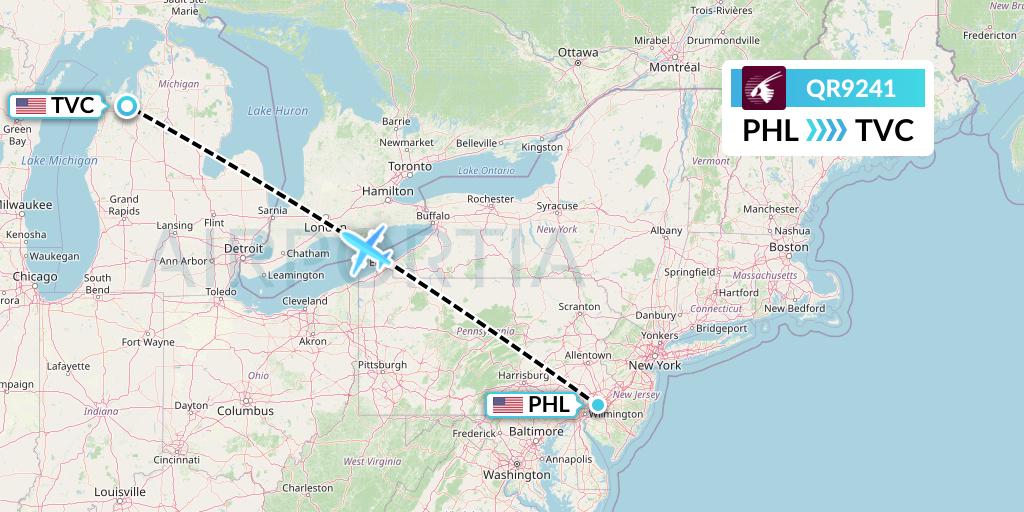 QR9241 Qatar Airways Flight Map: Philadelphia to Traverse City