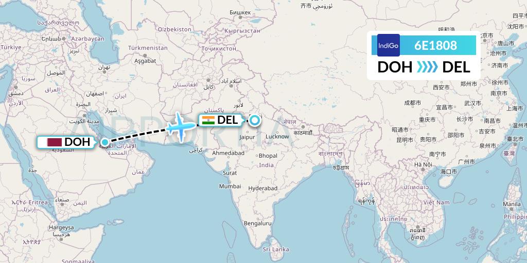 6E1808 IndiGo Airlines Flight Map: Doha to Delhi