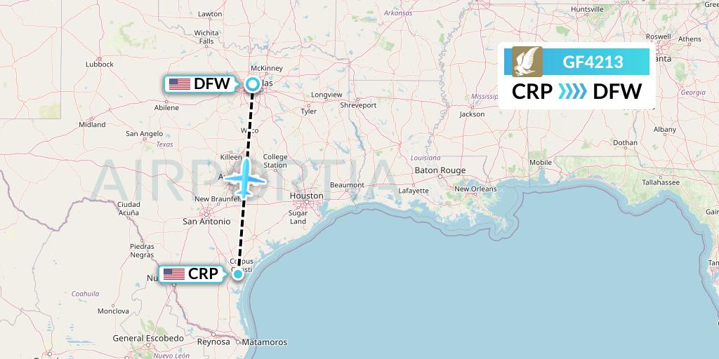 GF4213 Gulf Air Flight Map: Corpus Christi to Dallas