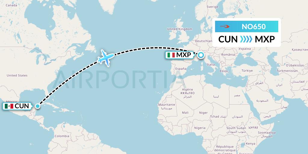 NO650 Neos Flight Map: Cancun to Milan