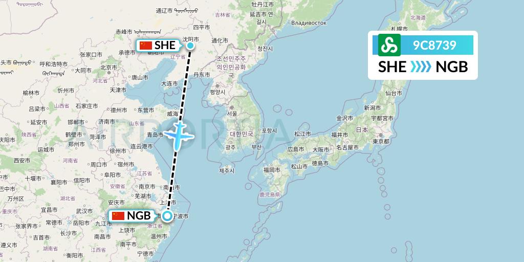 9C8739 Spring Airlines Flight Map: Shenyang to Ningbo