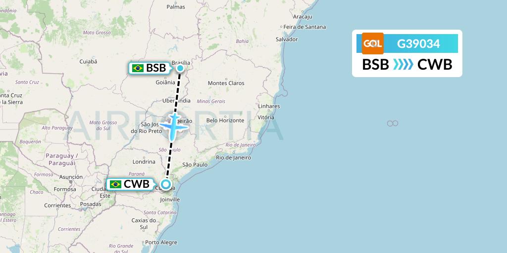 G39034 GOL Transportes Aeros Flight Map: Brasilia to Curitiba