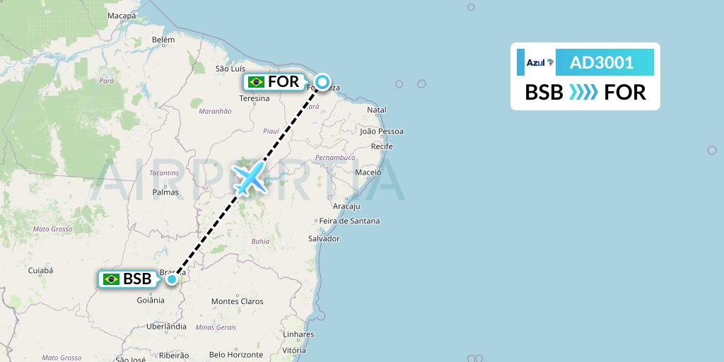 AD3001 Azul Brazilian Airlines Flight Map: Brasilia to Fortaleza