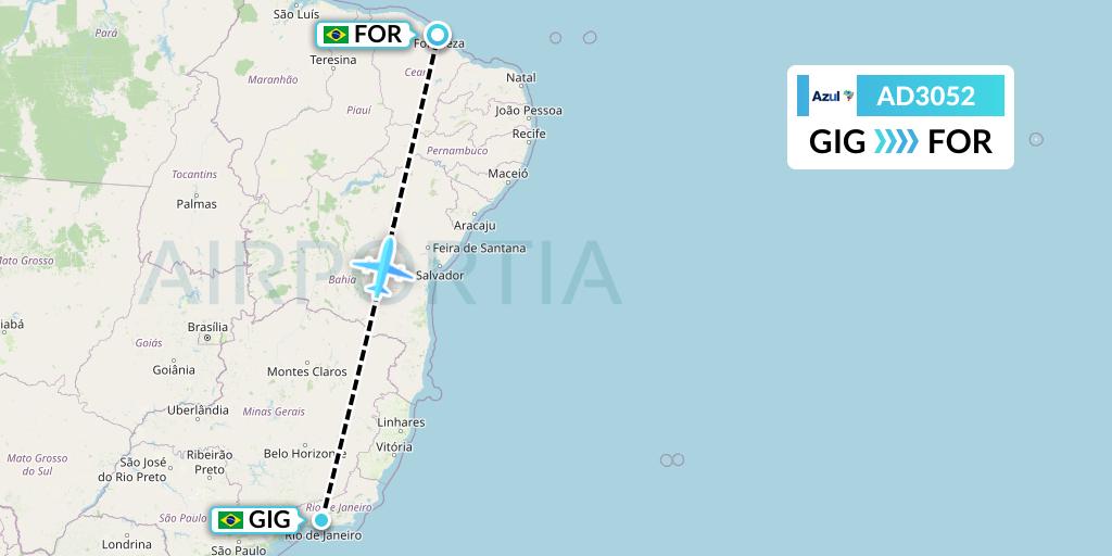 AD3052 Azul Brazilian Airlines Flight Map: Rio de Janeiro to Fortaleza