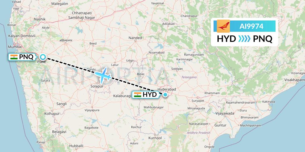 AI9974 Air India Flight Map: Hyderabad to Pune