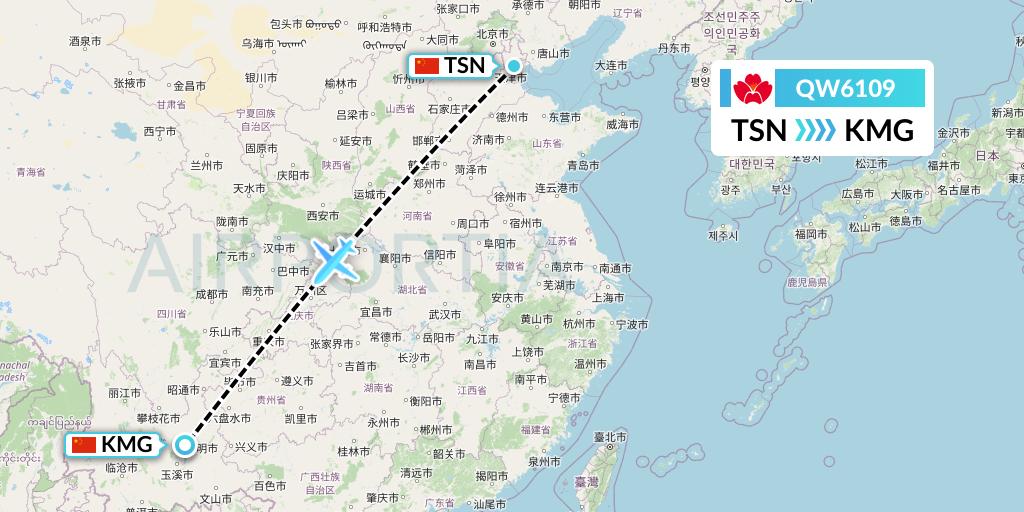 QW6109 Qingdao Airlines Flight Map: Tianjin to Kunming