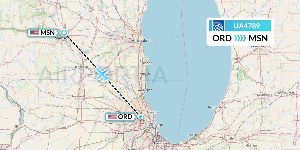 UA4789 United Airlines Flight Map: Chicago to Madison
