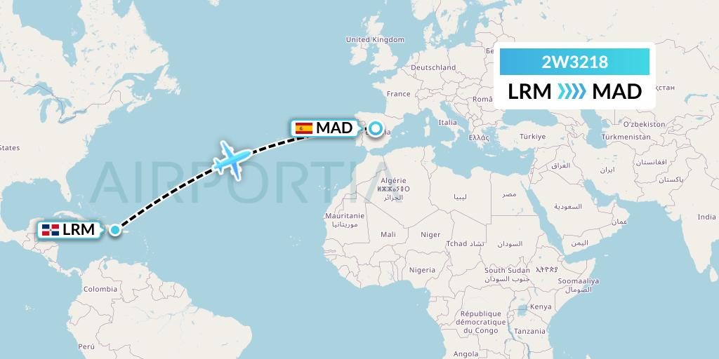 2W3218 World 2 Fly Flight Map: La Romana to Madrid
