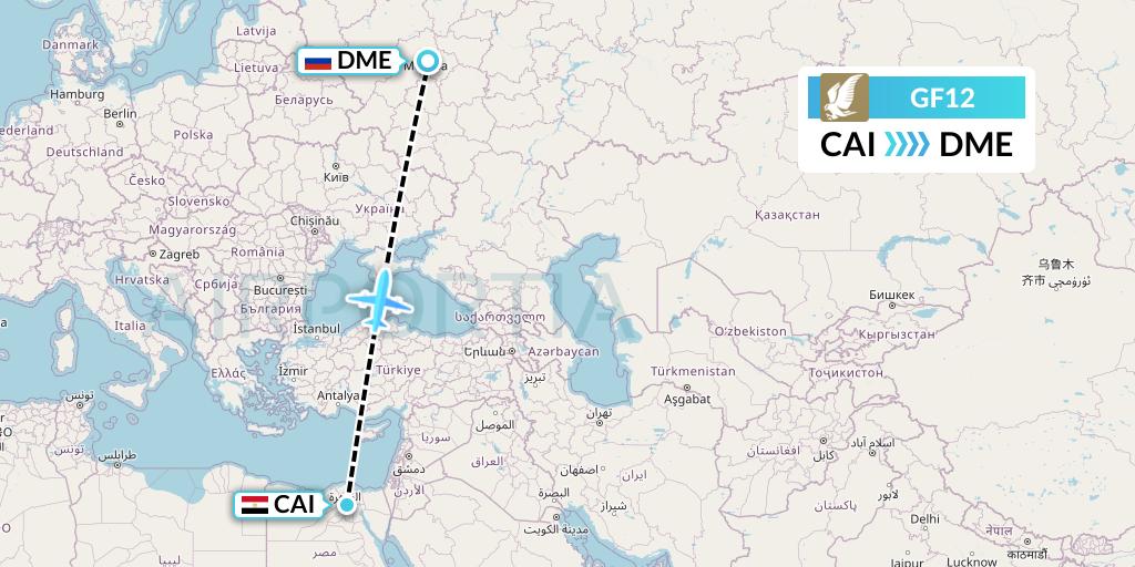 GF12 Gulf Air Flight Map: Cairo to Moscow