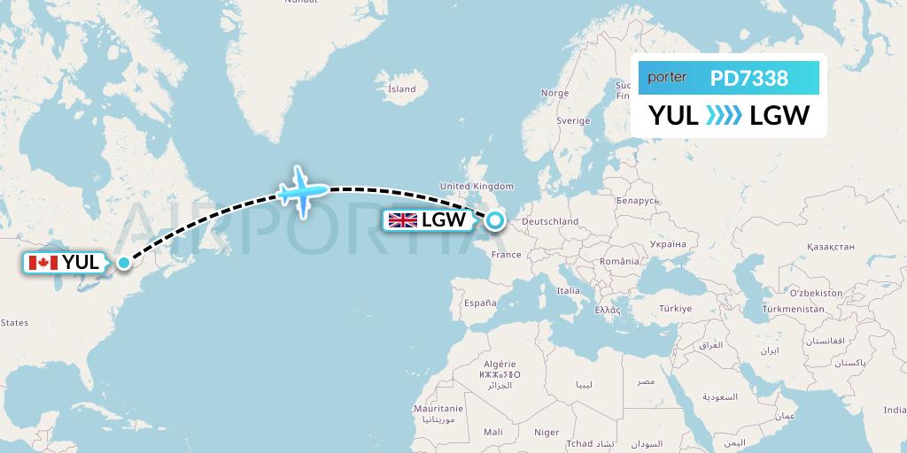 PD7338 Porter Airlines Flight Map: Montreal to London