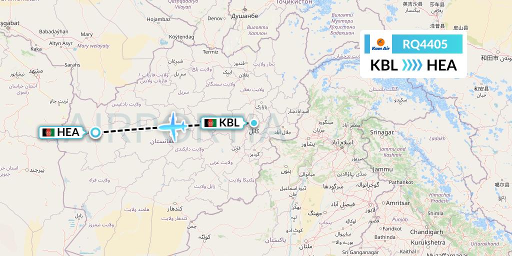 RQ4405 Kam Air Flight Map: Kabul to Herat