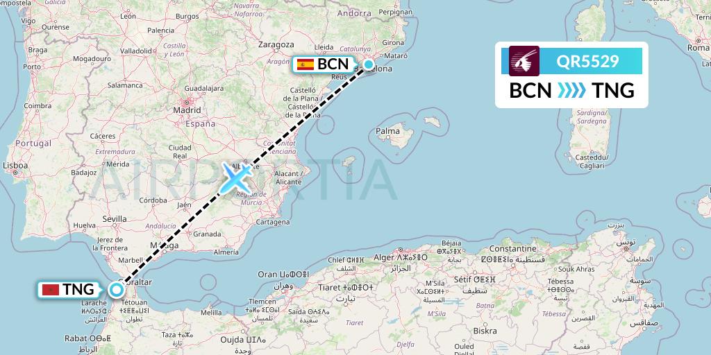 QR5529 Qatar Airways Flight Map: Barcelona to Tangier