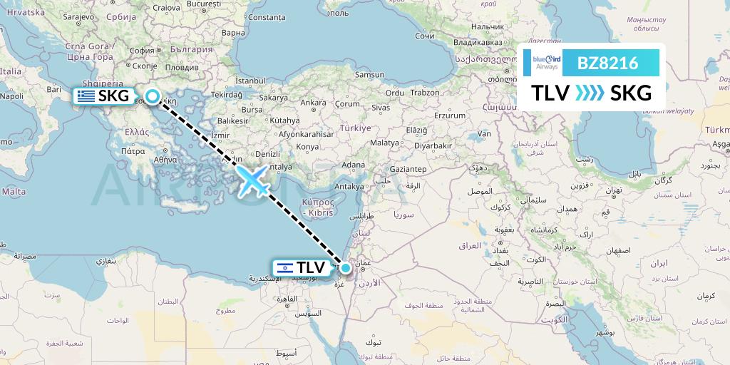 BZ8216 Bluebird Airways Flight Map: Tel Aviv to Thessaloniki