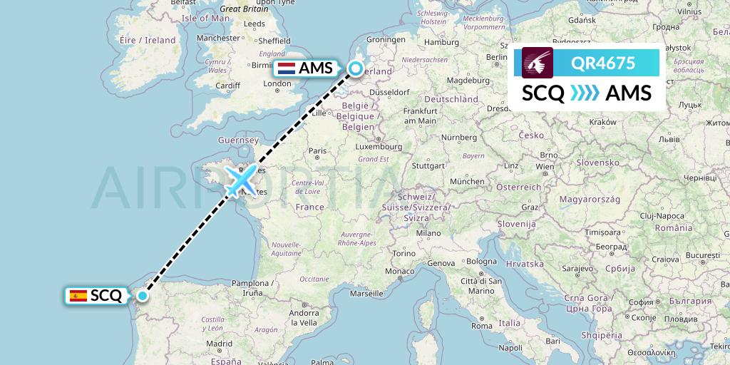 QR4675 Qatar Airways Flight Map: Santiago to Amsterdam