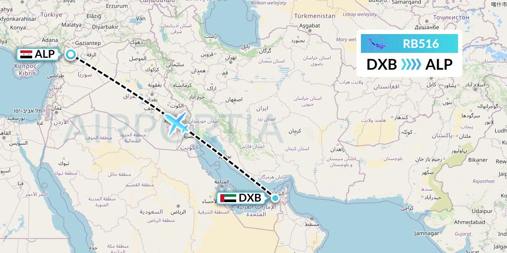 RB516 Syrian Air Flight Map: Dubai to Aleppo