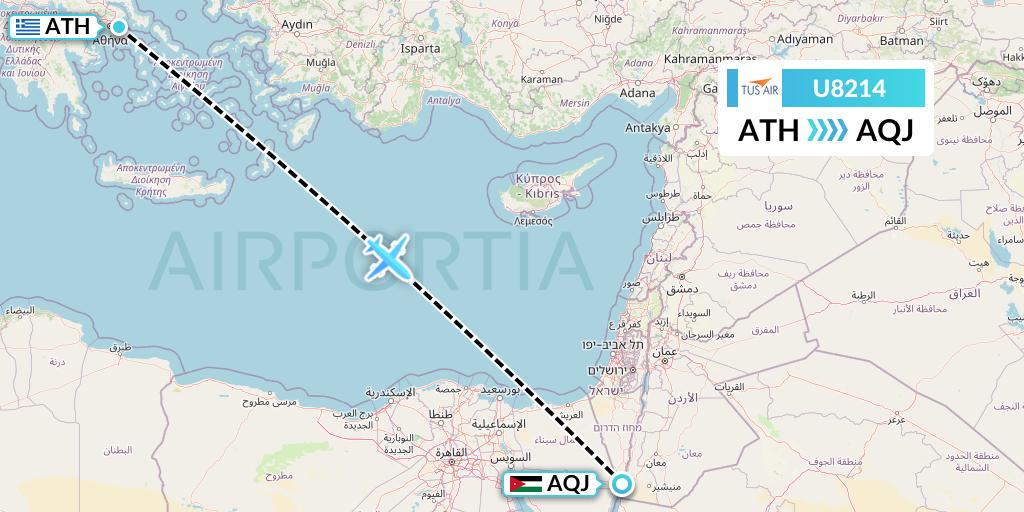 U8214 Tus Airways Flight Map: Athens to Aqaba