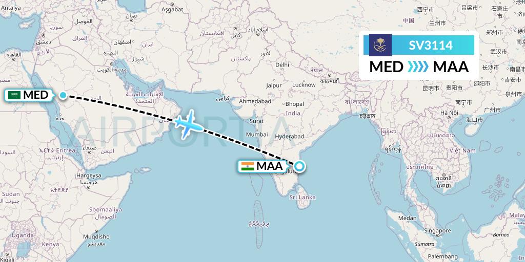SV3114 Saudi Arabian Airlines Flight Map: Medina to Chennai
