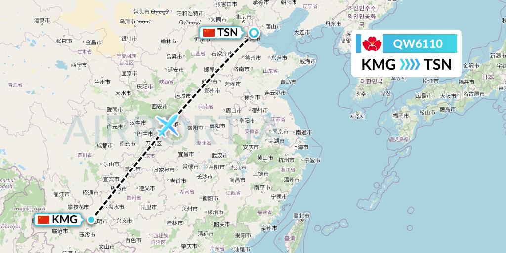 QW6110 Qingdao Airlines Flight Map: Kunming to Tianjin