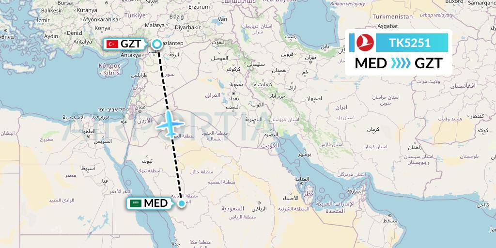 TK5251 Turkish Airlines Flight Map: Medina to Gaziantep