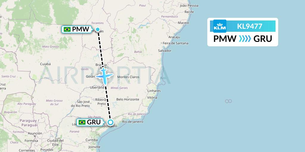 KL9477 KLM Flight Map: Palmas to Sao Paulo