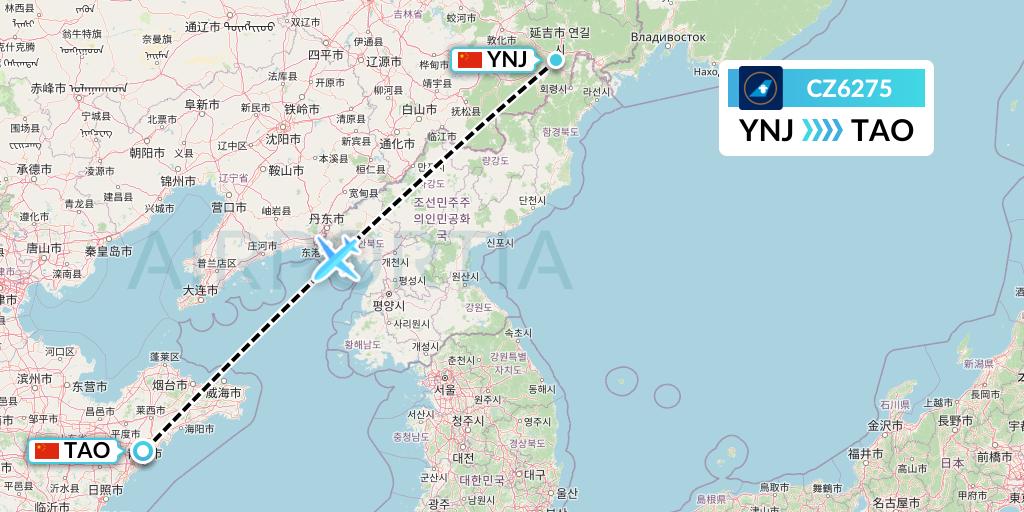 CZ6275 China Southern Airlines Flight Map: Yanji to Qingdao