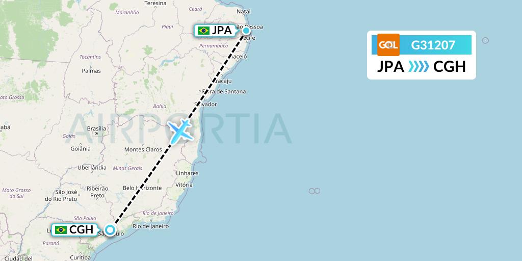 G31207 GOL Transportes Aeros Flight Map: Joao Pessoa to Sao Paulo